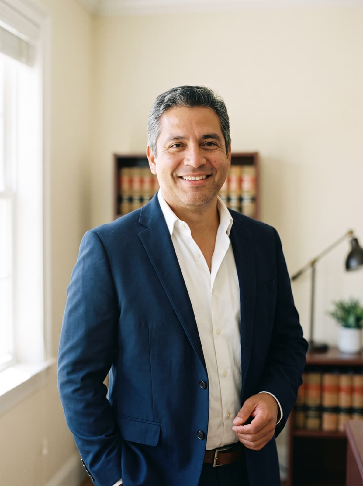An approachable attorney talking with a client across a table.