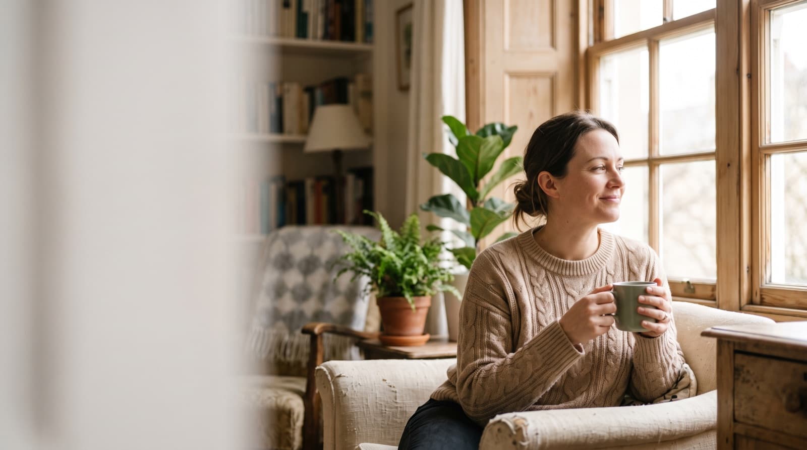 A person reading mail at their kitchen table, looking calm and reassured.