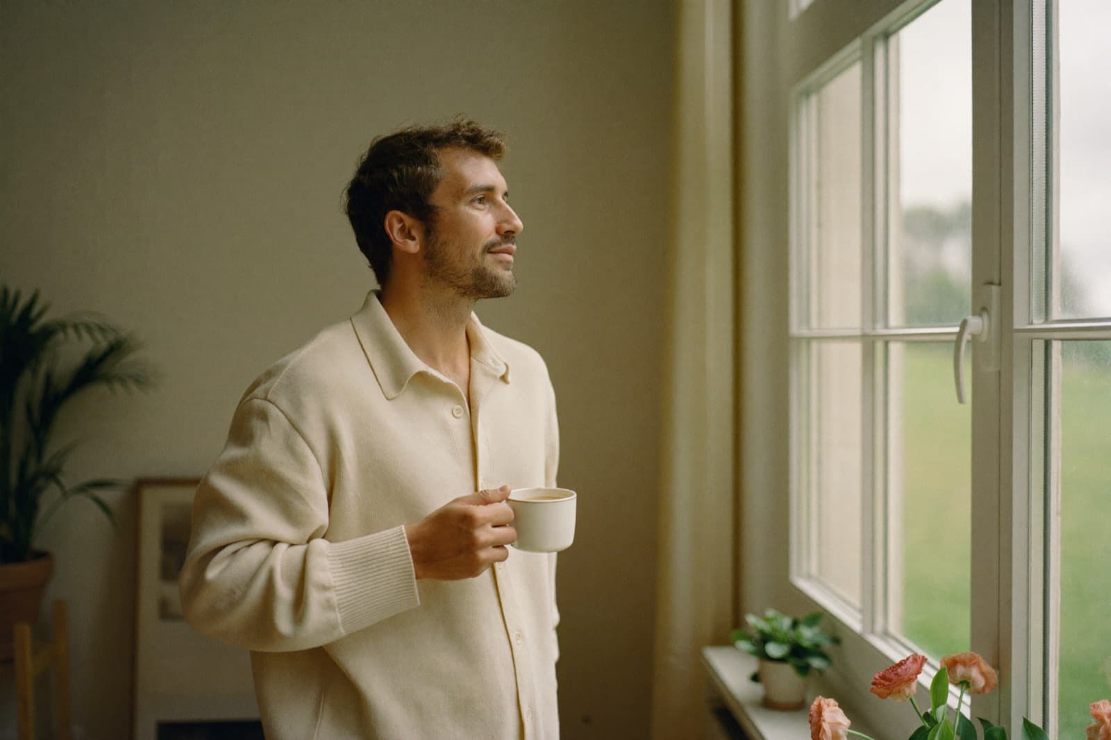 A person looking hopeful and at ease near a sunlit window.
